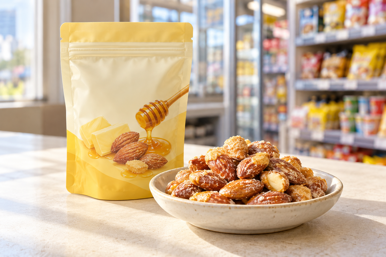 Honey butter-style almonds and an unbranded snack pouch — AI-generated illustration