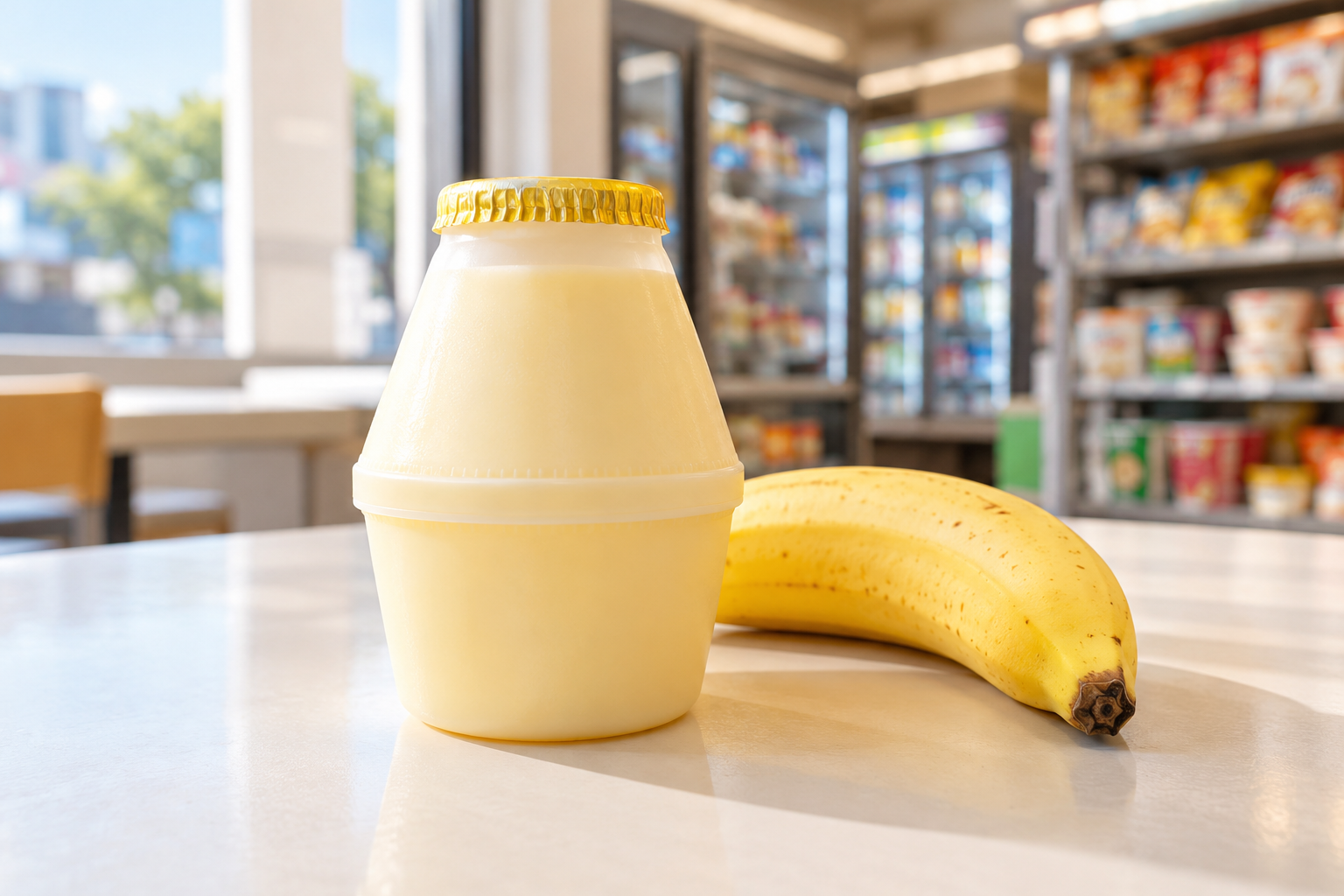 Banana-flavoured milk beside a banana — AI-generated illustration