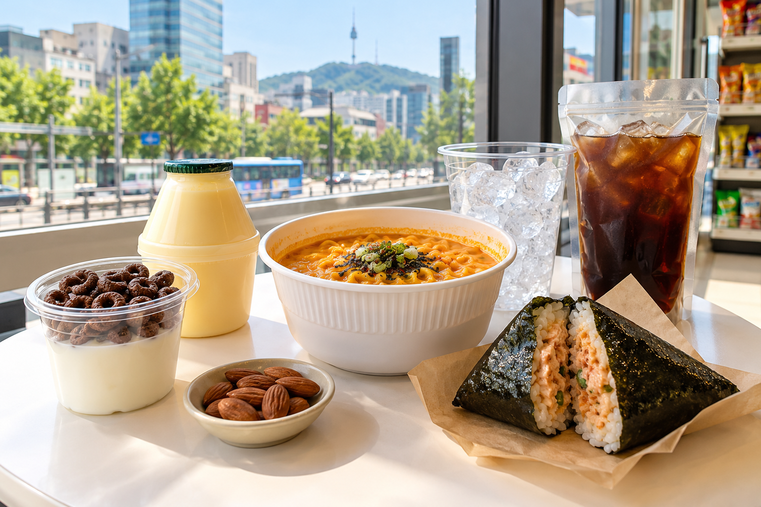 Korean convenience-store snack spread — AI-generated editorial illustration