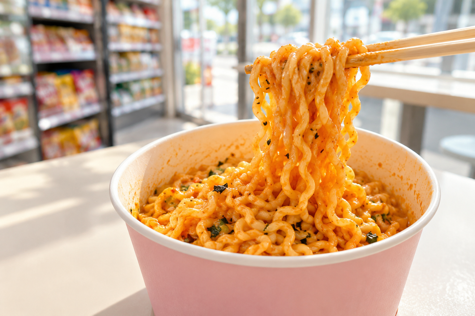 Creamy spicy stir-fried noodles in a cup — AI-generated illustration