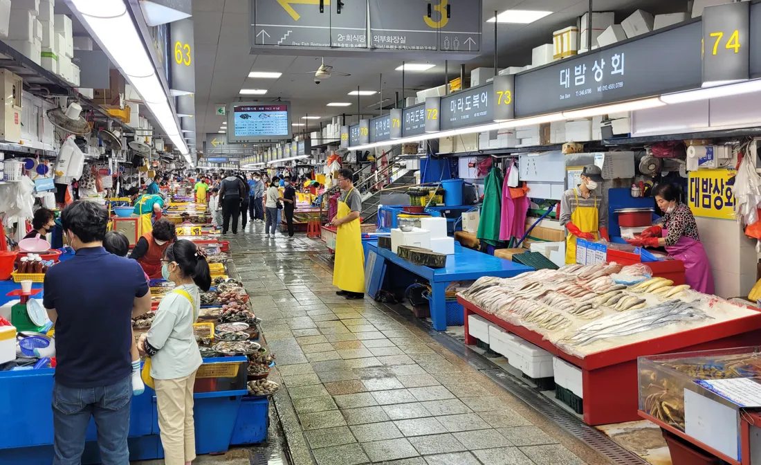 Seafood stalls inside Jagalchi Market, Busan
