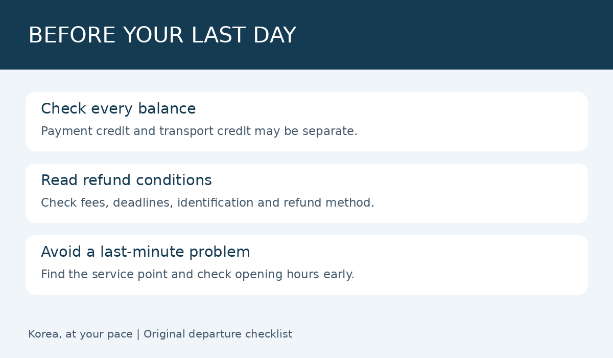 Departure checklist: check each balance, review refund conditions and locate a service point before the last day.