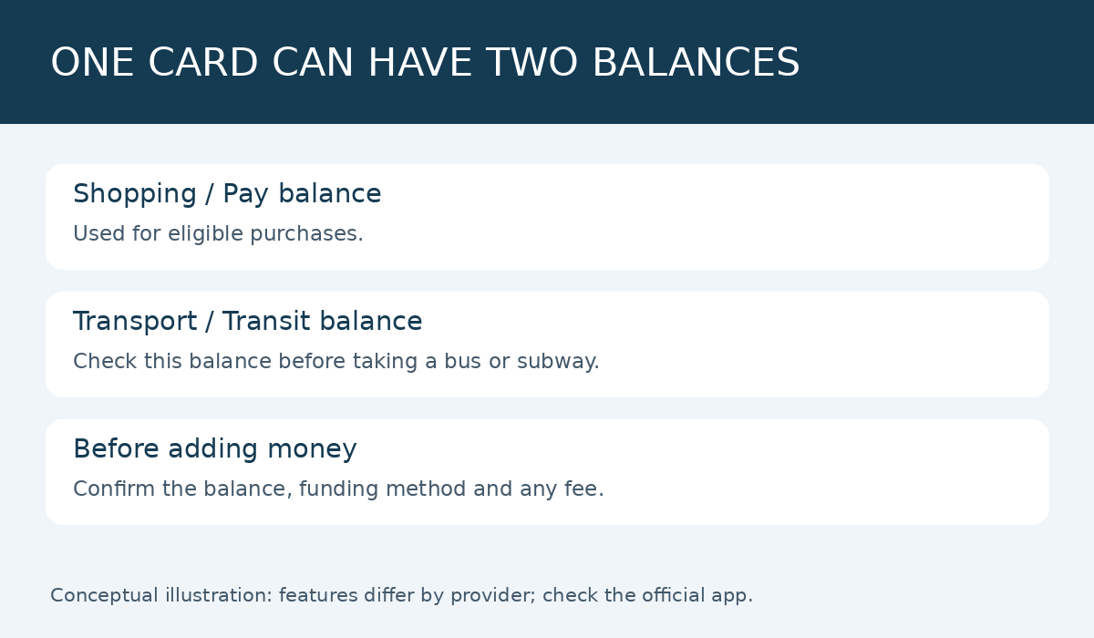 Conceptual payment-card guide showing separate shopping and transport balances; provider features vary.